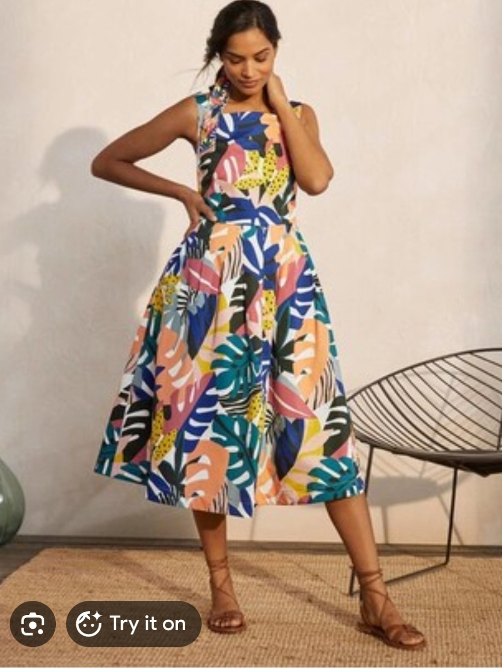 Boden Sleeveless Tropical Leaf Midi Cotton Dress in Multi-Color - Size 16/18R